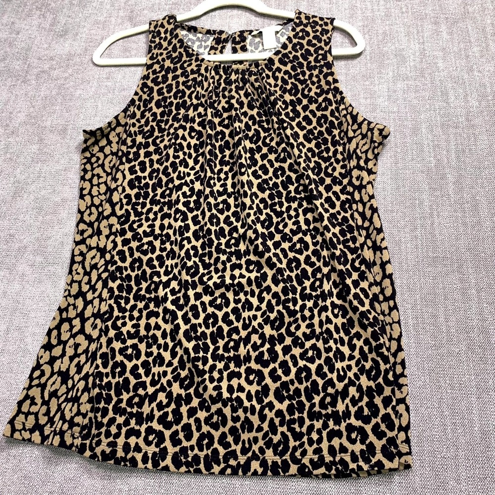 Banana Republic Blouse Top Womens L Black Tan Leopard Print Sleeveless Pleated